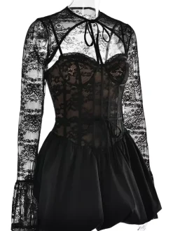 Black Lace Corset Dress With Detachable Bolero Birthday Party Puffball Mini Dress For Women 2026