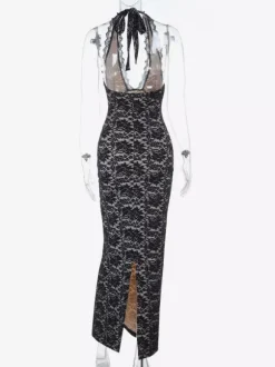 Black Lace Overlay Women's Maxi Dress - Halter Backless Nude Lining Gown - Sexy Bodycon Night Out Party Dress 2026