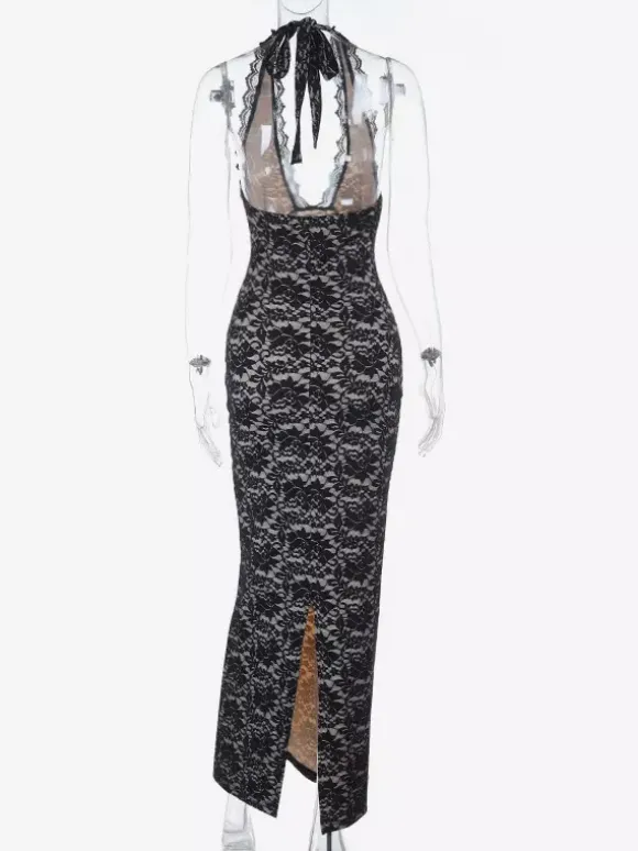 Black Lace Overlay Women's Maxi Dress - Halter Backless Nude Lining Gown - Sexy Bodycon Night Out Party Dress 2026