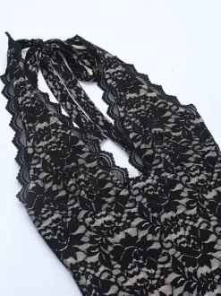 Black Lace Overlay Women's Maxi Dress - Halter Backless Nude Lining Gown - Sexy Bodycon Night Out Party Dress 2026