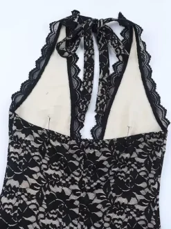 Black Lace Overlay Women's Maxi Dress - Halter Backless Nude Lining Gown - Sexy Bodycon Night Out Party Dress 2026