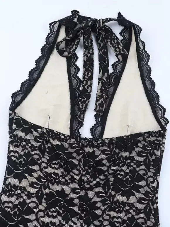 Black Lace Overlay Women's Maxi Dress - Halter Backless Nude Lining Gown - Sexy Bodycon Night Out Party Dress 2026