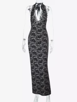 Black Lace Overlay Women's Maxi Dress - Halter Backless Nude Lining Gown - Sexy Bodycon Night Out Party Dress 2026