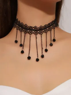 Black Lace Tassel Choker Necklace Dangle Black Crystal Beads Gothic Vintage Neck Collar Jewelry
