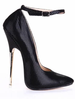Black Leather Snake Print Ankle Strap Pointed Toe Sexy Pumps