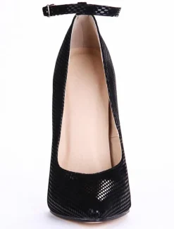 Black Leather Snake Print Ankle Strap Pointed Toe Sexy Pumps