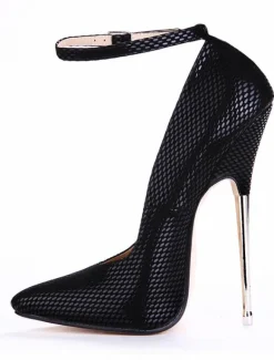 Black Leather Snake Print Ankle Strap Pointed Toe Sexy Pumps