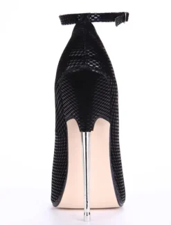 Black Leather Snake Print Ankle Strap Pointed Toe Sexy Pumps