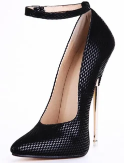 Black Leather Snake Print Ankle Strap Pointed Toe Sexy Pumps