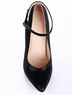 Black Leather Snake Print Ankle Strap Pointed Toe Sexy Pumps