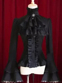 Black Lolita Blouse Bell Sleeves Ruffles Cotton Blouse for Women