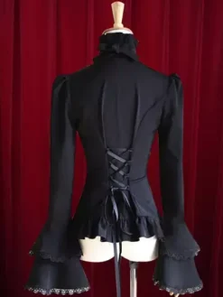 Black Lolita Blouse Bell Sleeves Ruffles Cotton Blouse for Women