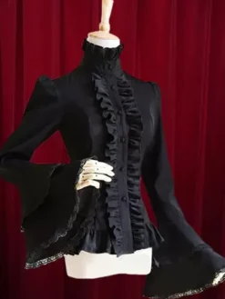 Black Lolita Blouse Bell Sleeves Ruffles Cotton Blouse for Women