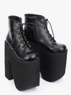 Black Lolita Booties Platform Chunky Heel Round Toe Lace Up Lolita Short Boots