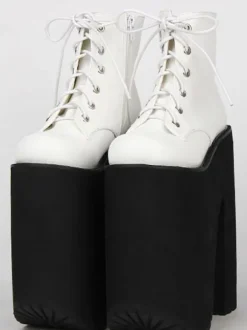 Black Lolita Booties Platform Chunky Heel Round Toe Lace Up Lolita Short Boots