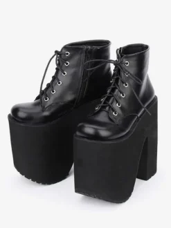 Black Lolita Booties Platform Chunky Heel Round Toe Lace Up Lolita Short Boots
