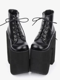 Black Lolita Booties Platform Chunky Heel Round Toe Lace Up Lolita Short Boots