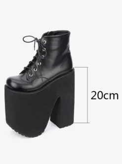 Black Lolita Booties Platform Chunky Heel Round Toe Lace Up Lolita Short Boots