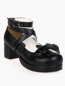 Black Lolita Heels Square Platform Ankle Straps Chunky Heel Lolita Shoes