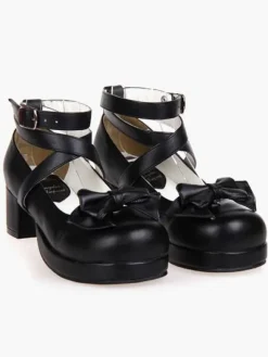 Black Lolita Heels Square Platform Ankle Straps Chunky Heel Lolita Shoes