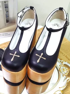 Black Lolita Pumps Platform Cross Round Toe Lolita Shoes
