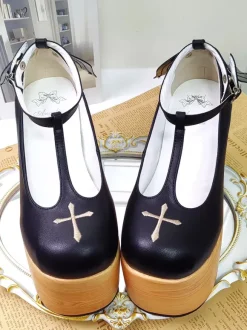 Black Lolita Pumps Platform Cross Round Toe Lolita Shoes