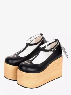 Black Lolita Pumps Platform Cross Round Toe Lolita Shoes