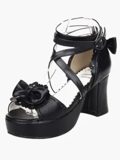 Black Lolita Sandals Chunky Heels Platform Ankle Straps Bow