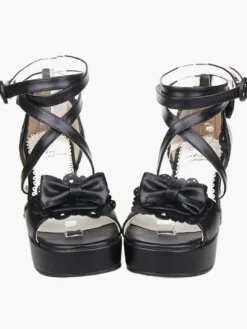 Black Lolita Sandals Chunky Heels Platform Ankle Straps Bow