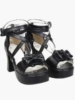 Black Lolita Sandals Chunky Heels Platform Ankle Straps Bow