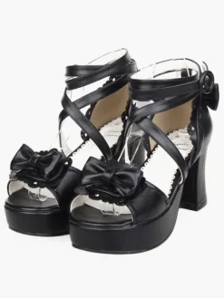Black Lolita Sandals Chunky Heels Platform Ankle Straps Bow