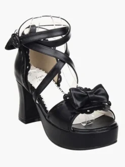 Black Lolita Sandals Chunky Heels Platform Ankle Straps Bow