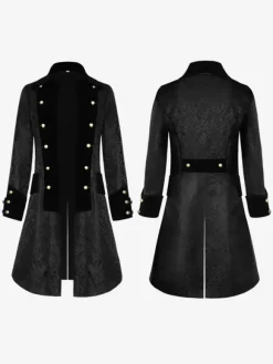 Black Long Coat Vintage Top Euro-Style Floral Print Long Sleeves Polyester Fiber Overcoat Retro Costumes For Man