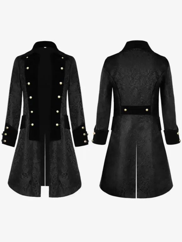 Black Long Coat Vintage Top Euro-Style Floral Print Long Sleeves Polyester Fiber Overcoat Retro Costumes For Man
