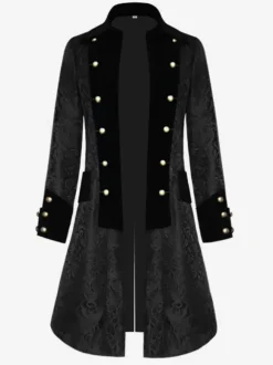 Black Long Coat Vintage Top Euro-Style Floral Print Long Sleeves Polyester Fiber Overcoat Retro Costumes For Man