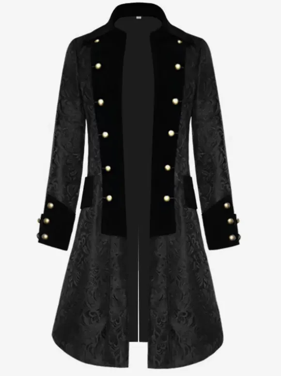 Black Long Coat Vintage Top Euro-Style Floral Print Long Sleeves Polyester Fiber Overcoat Retro Costumes For Man