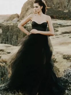 Black Loyal Wedding Dresses Stretch Crepe A-Line Sleeveless Natural Waist Sweep Bridal Gown