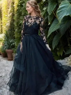 Black Loyal Wedding Dresses Princess Silhouette Long Sleeves Cut Out Tulle With Train Bridal Dress