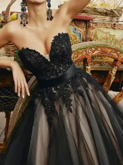 Black Loyal Wedding Dresses Lace A-Line Sleeveless Natural Waist Sash Court Train Bridal Gown