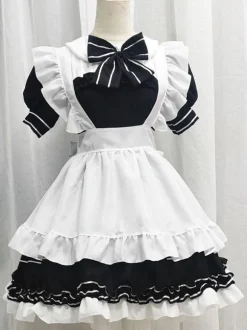 Black Maid Lolita Dresses Ruffles Bows Short Sleeves Lolita Dress