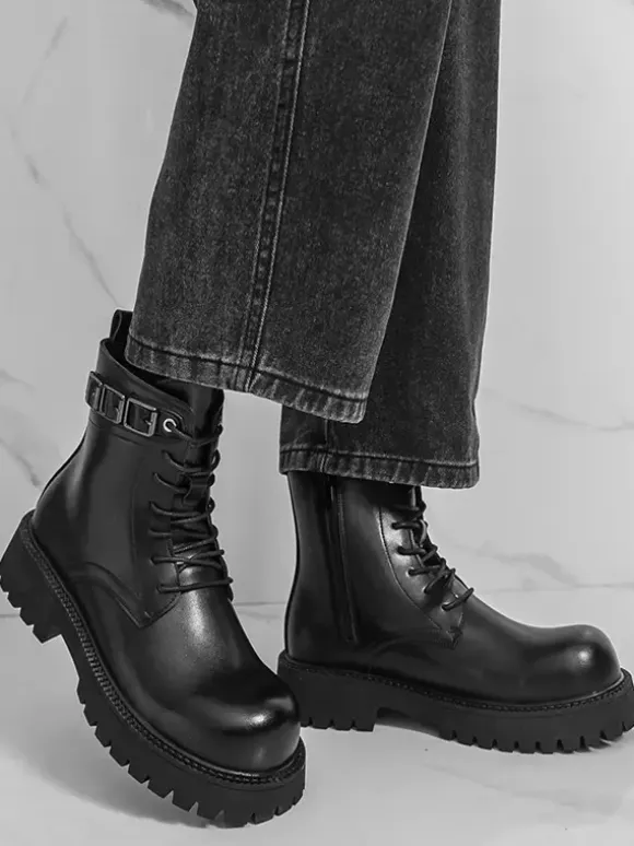 Black Martin Boots Men's Round Toe Lace Up Ankle Boots