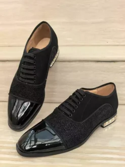Black Men's Dress Shoes Rhinestones Patchwork Lace Up Prom Wedding Shoes
