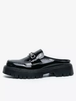 Black Men's Mule Loafers Round Toe Metal Detail Slip On Shoes