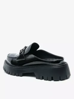 Black Men's Mule Loafers Round Toe Metal Detail Slip On Shoes