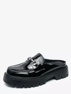 Black Men's Mule Loafers Round Toe Metal Detail Slip On Shoes