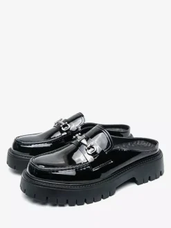 Black Men's Mule Loafers Round Toe Metal Detail Slip On Shoes