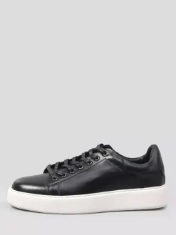 Black Men's Sneakers Genuine Leather Round Toe Lace Up Casual Shoes