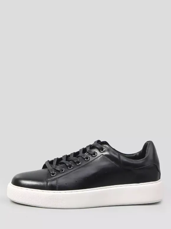 Black Men's Sneakers Genuine Leather Round Toe Lace Up Casual Shoes