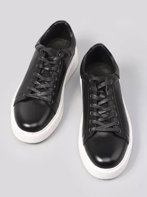 Black Men's Sneakers Genuine Leather Round Toe Lace Up Casual Shoes
