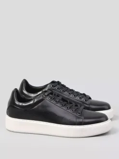 Black Men's Sneakers Genuine Leather Round Toe Lace Up Casual Shoes